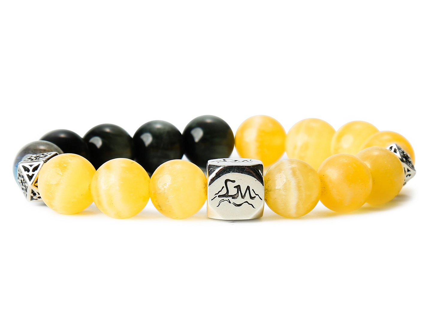 Pillar earth crystal bracelet — yellow calcite and black tiger's eye — front detail — Leymen Jewels