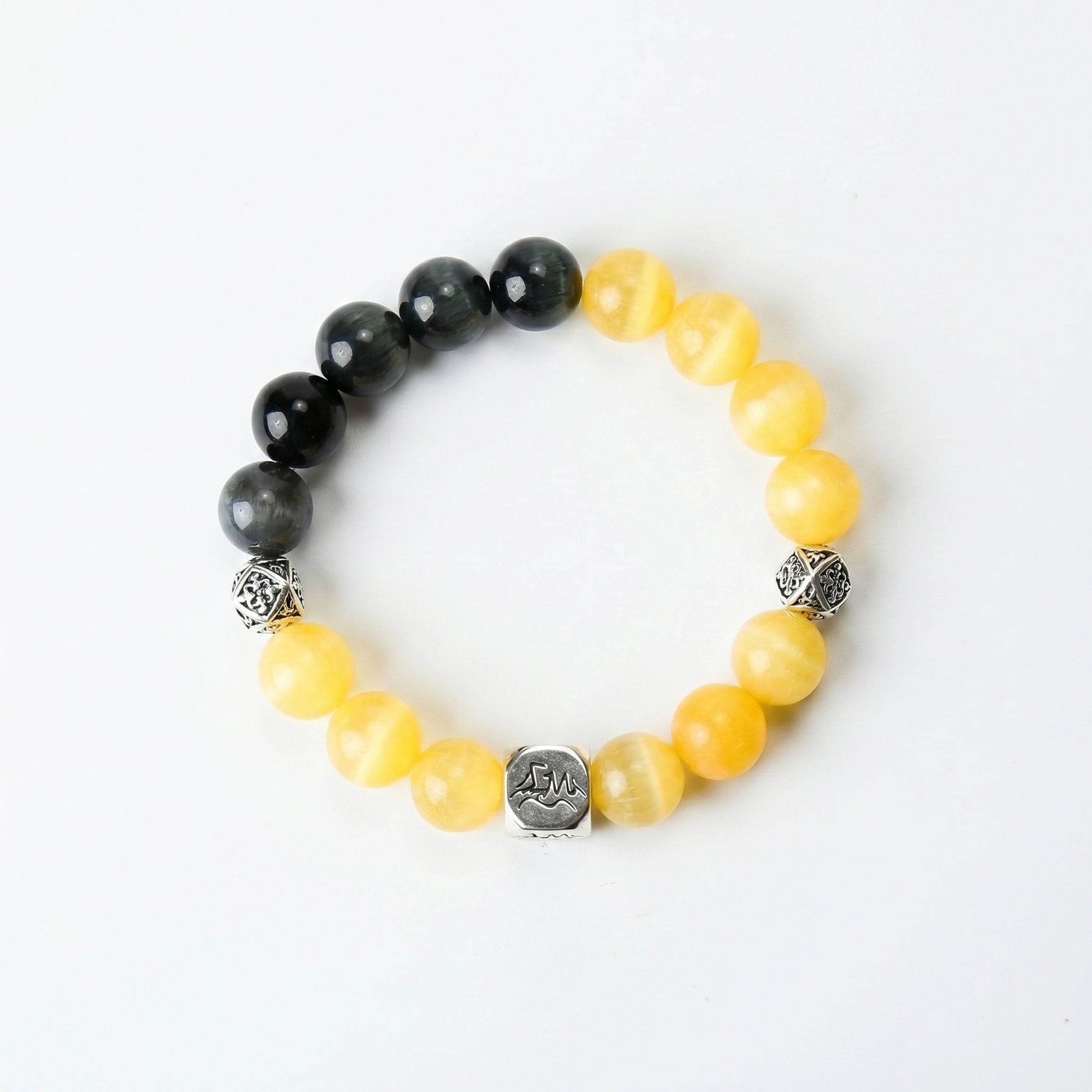Pillar earth crystal bracelet — yellow calcite and black tiger's eye — restores focus and balanced confidence — Leymen Jewels
