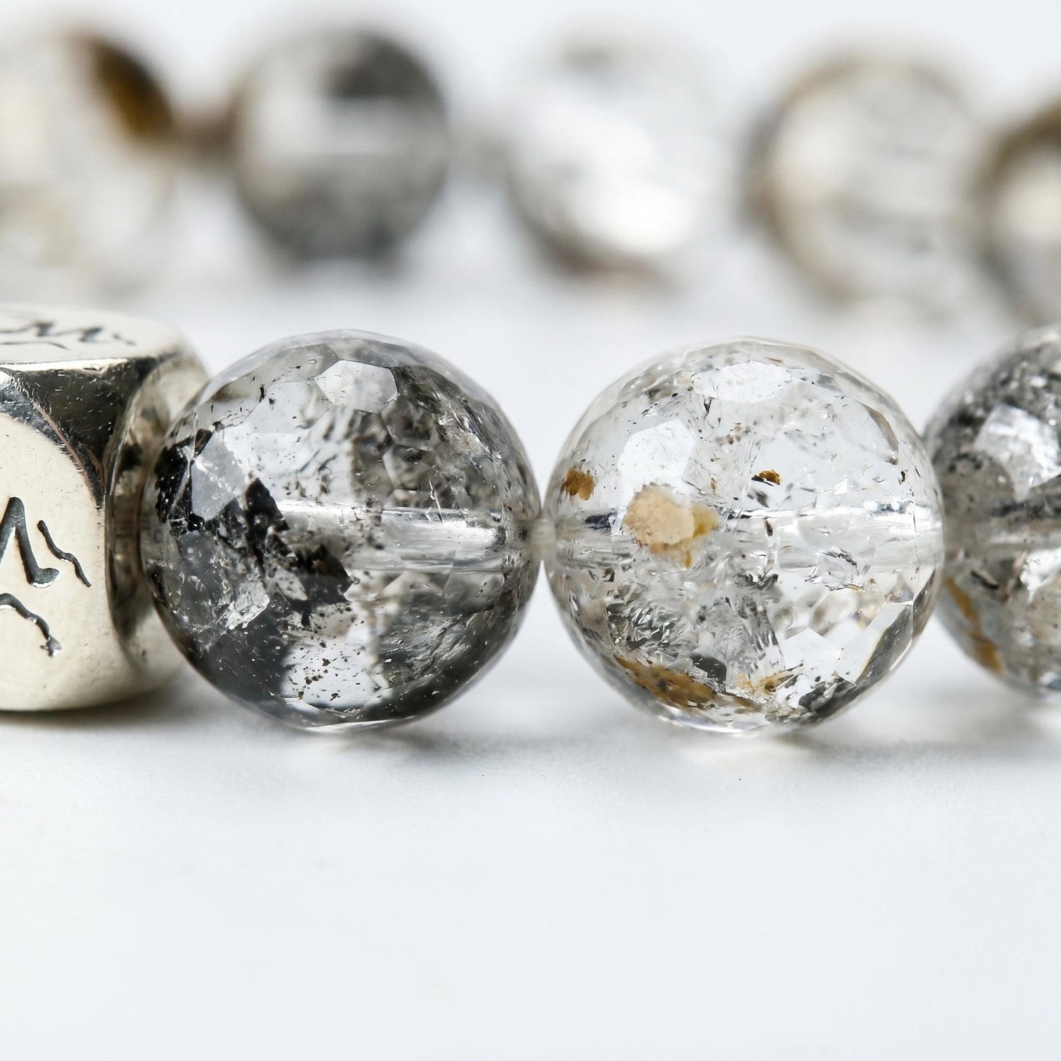 Prism metal crystal bracelet — herkimer diamond macro detail showing crystal fractures and carbon inclusions — Leymen Jewels