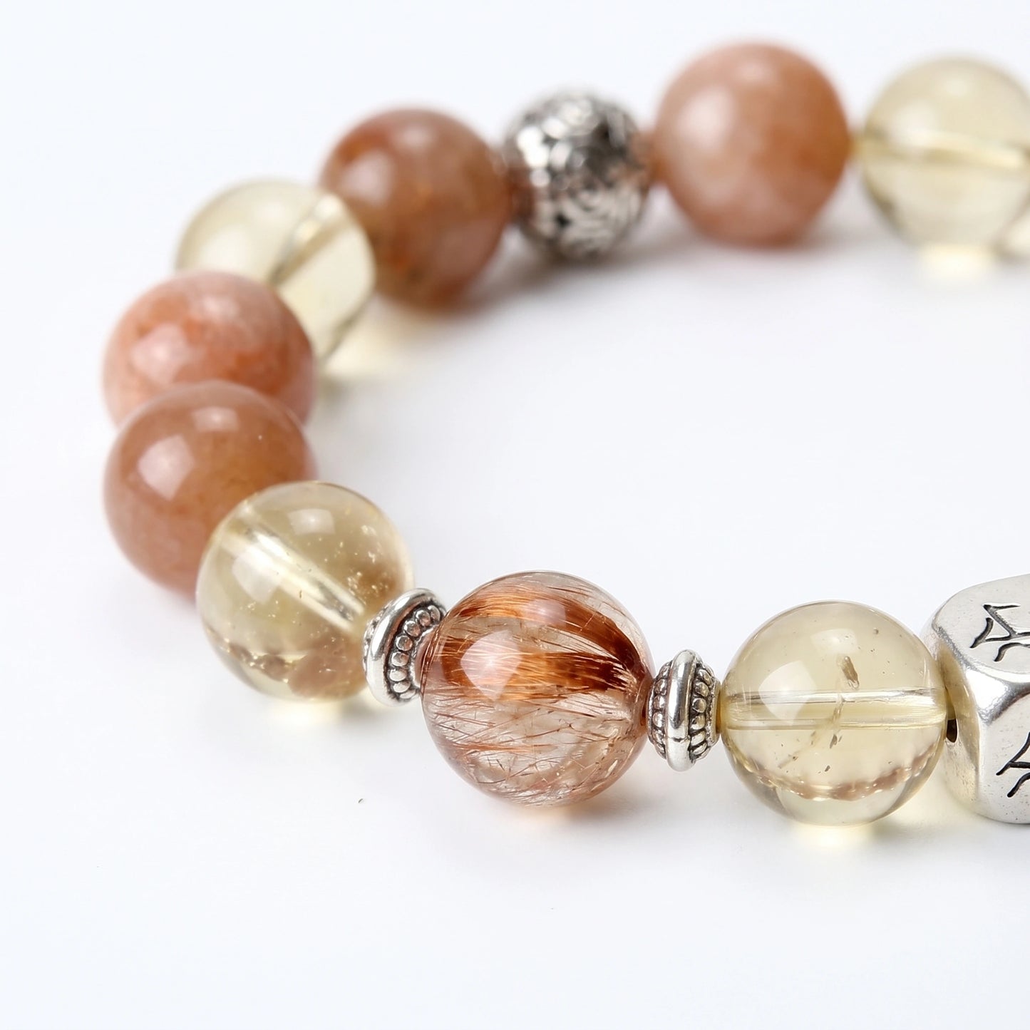 Radiance Earth bracelet macro detail, Citrine, Copper Rutilated Quartz, and Sunstone — Leymen Jewels