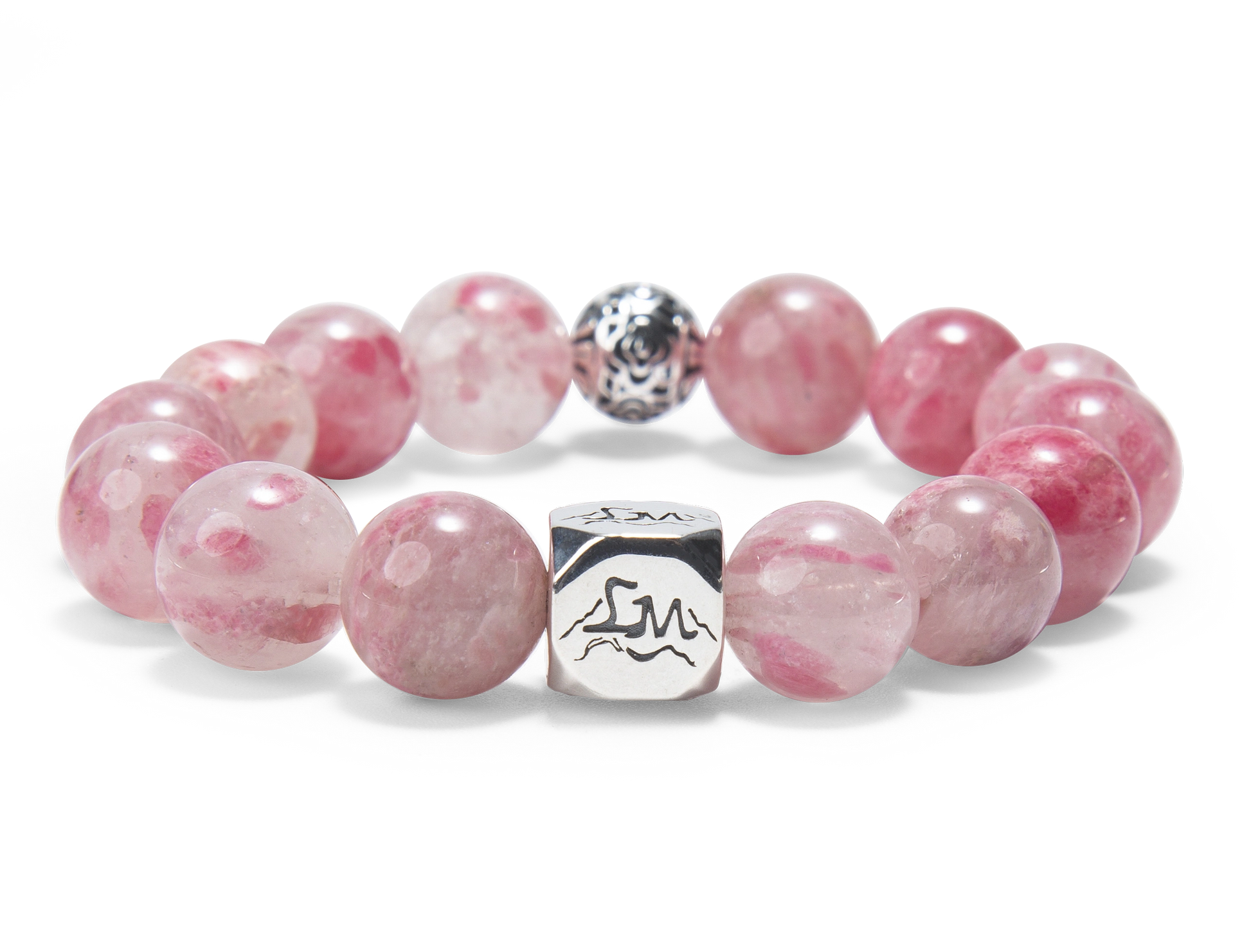 Roseveil fire crystal bracelet — rhodonite with silver rose accent bead — front detail — Leymen Jewels