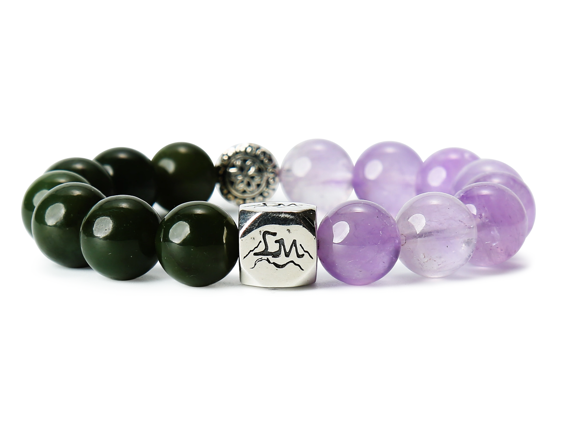 Seren wood crystal bracelet — nephrite jade and lavender amethyst — front detail — Leymen Jewels