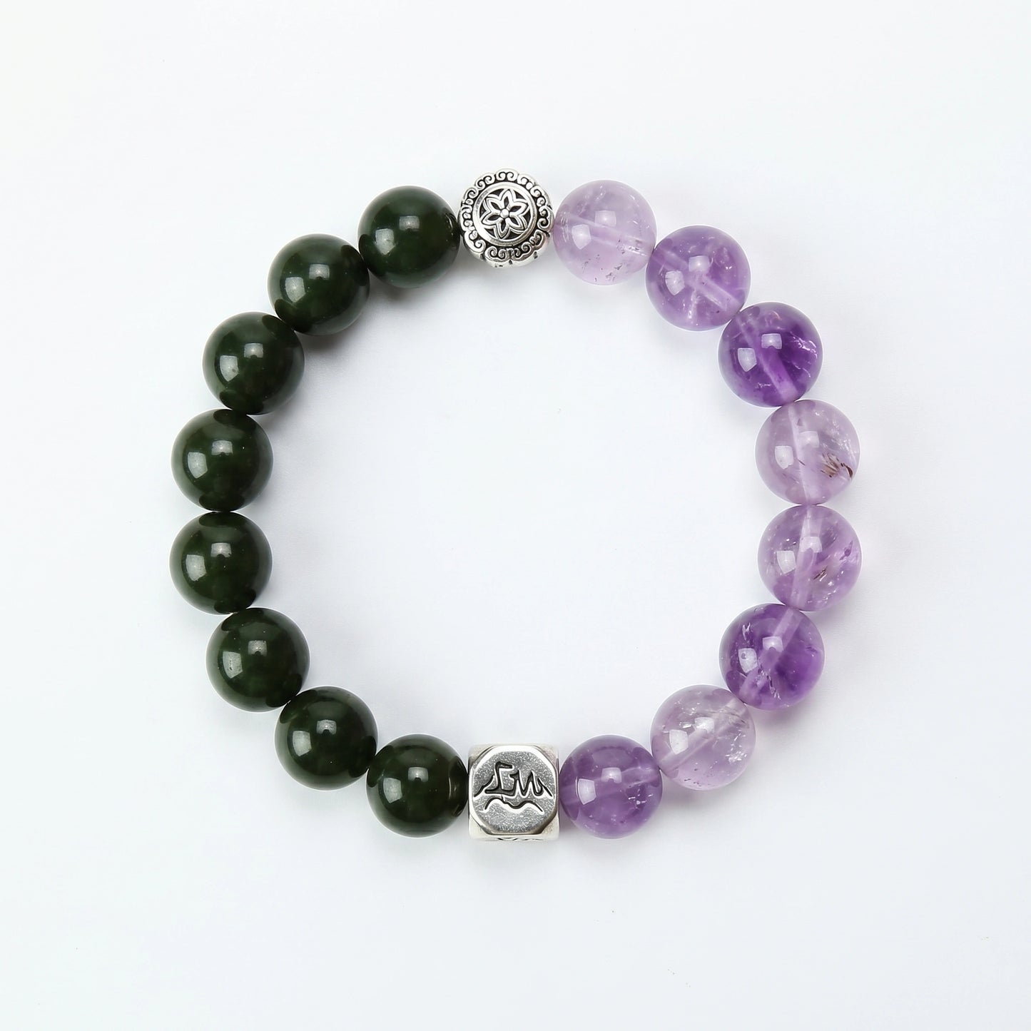 Seren wood crystal bracelet — nephrite jade and lavender amethyst — shields harm and calms anxiety — Leymen Jewels