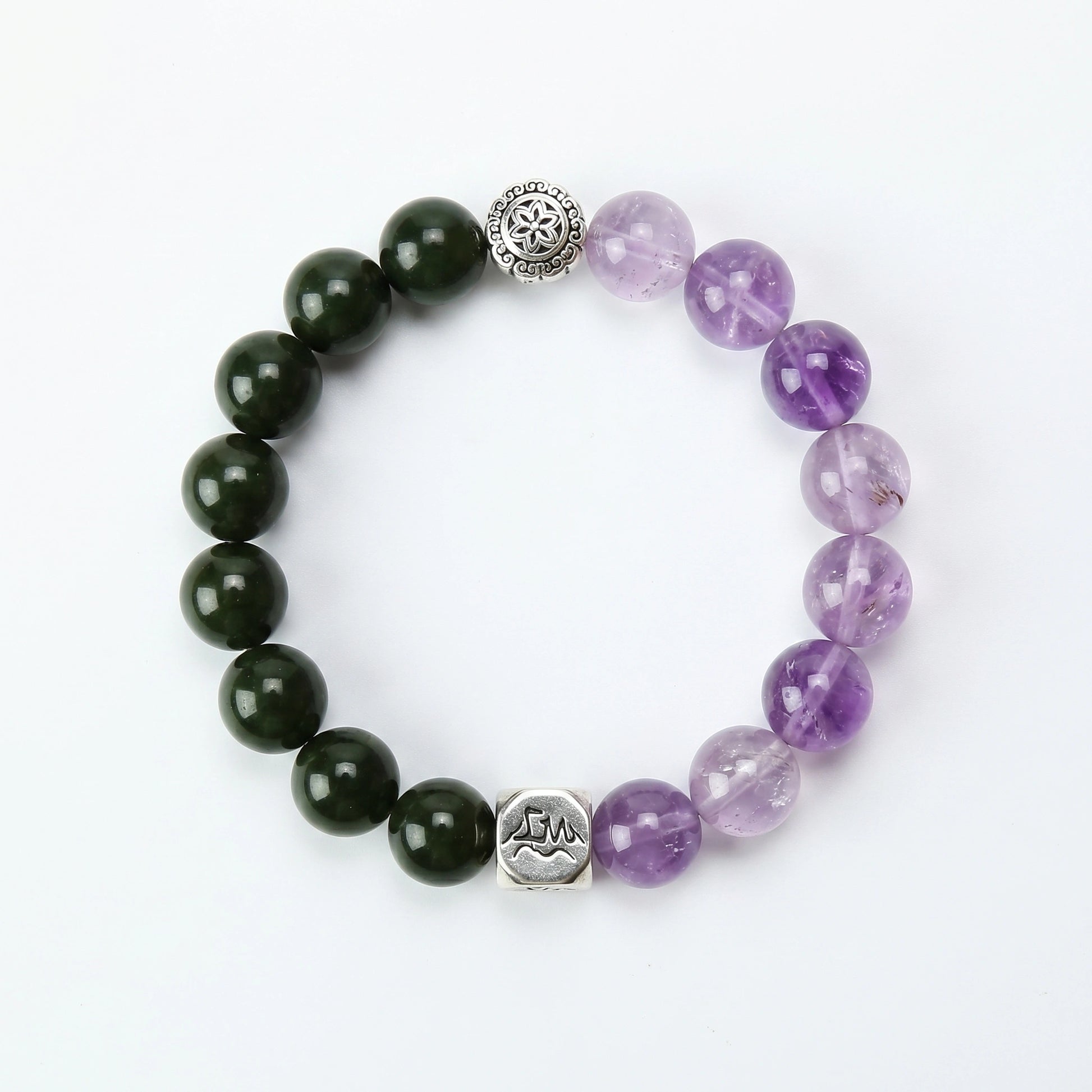 Seren wood crystal bracelet — nephrite jade and lavender amethyst — shields harm and calms anxiety — Leymen Jewels