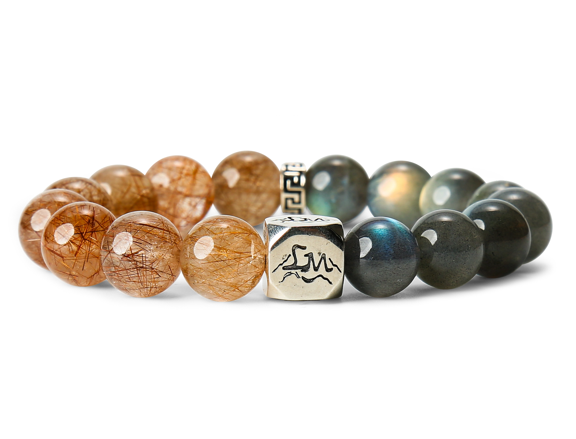 Solace metal crystal bracelet — copper rutilated quartz and grey moonstone — front detail — Leymen Jewels