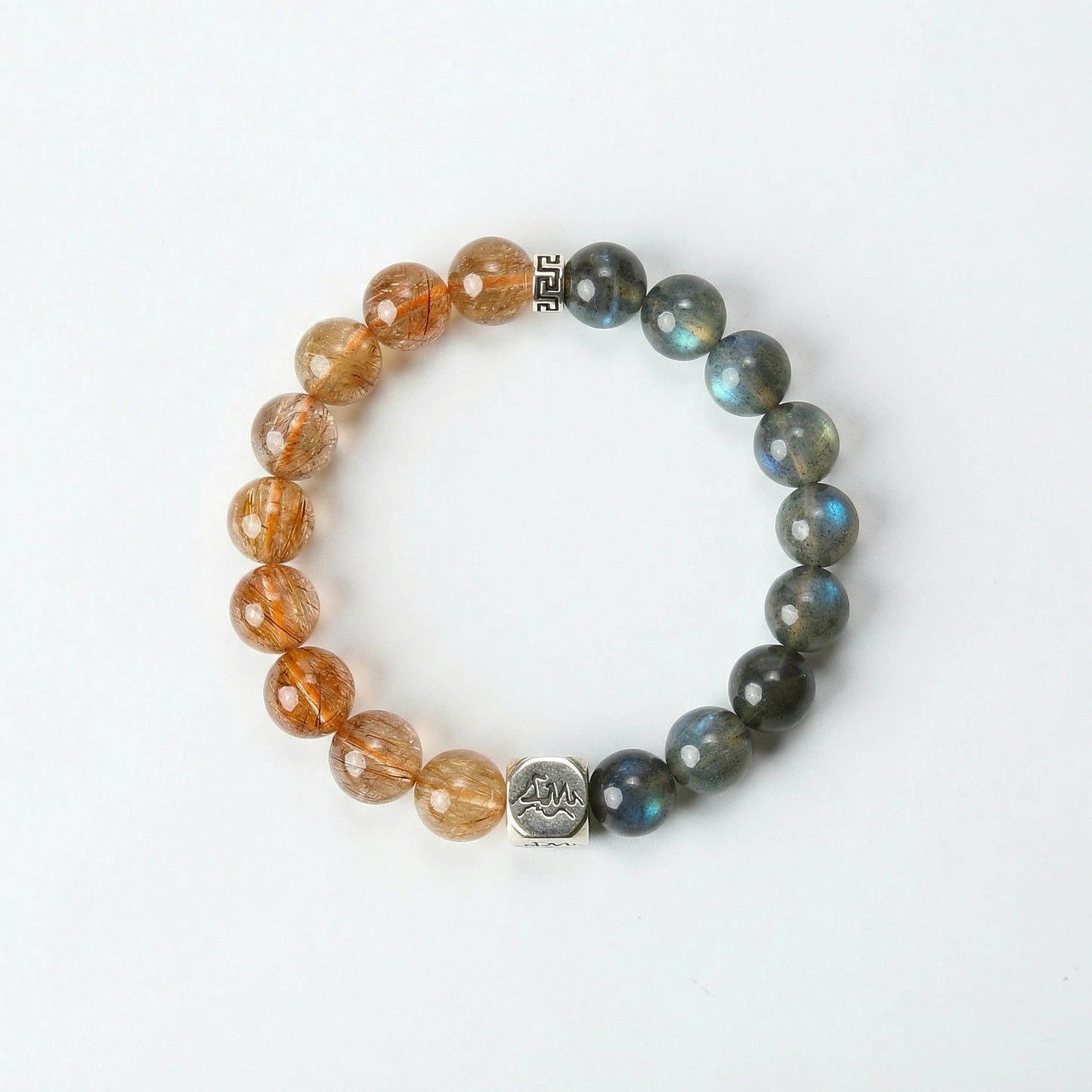 Solace metal crystal bracelet — copper rutilated quartz and grey moonstone — attracts wealth and stabilizes emotions — Leymen Jewels