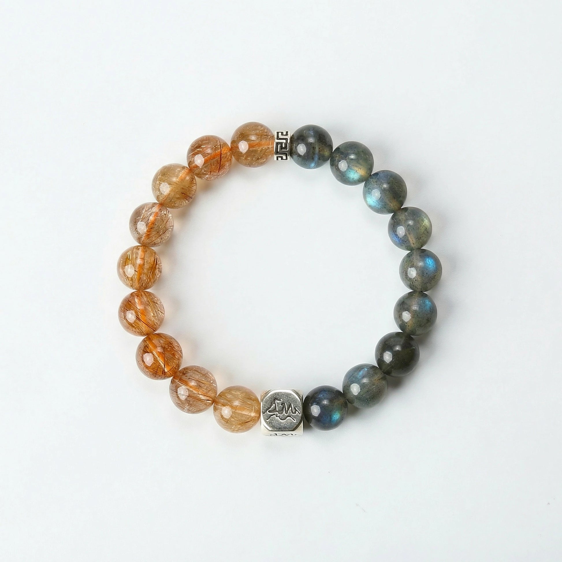 Solace metal crystal bracelet — copper rutilated quartz and grey moonstone — attracts wealth and stabilizes emotions — Leymen Jewels