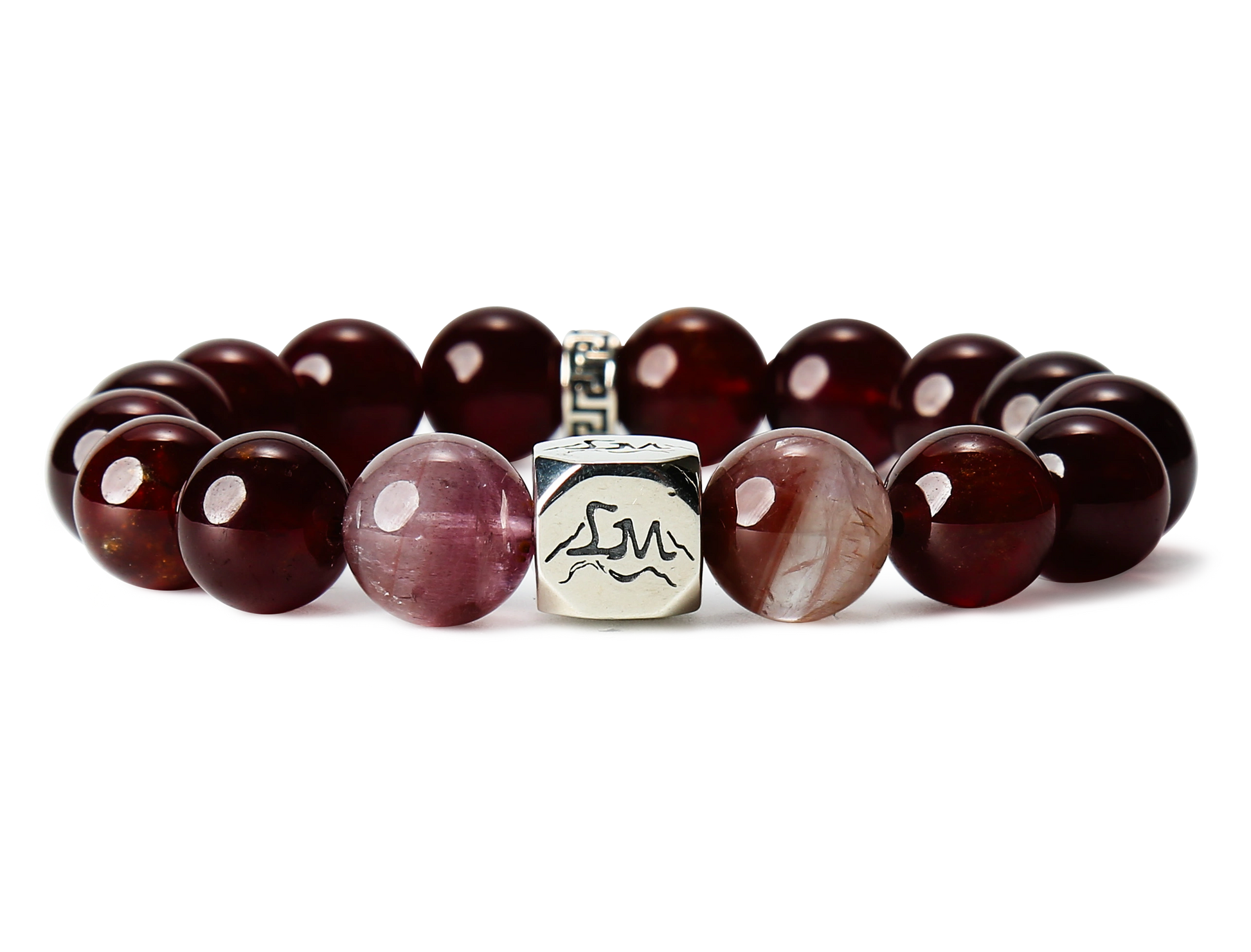 Solaris fire crystal bracelet — orange garnet and purple auralite-23 — front detail — Leymen Jewels