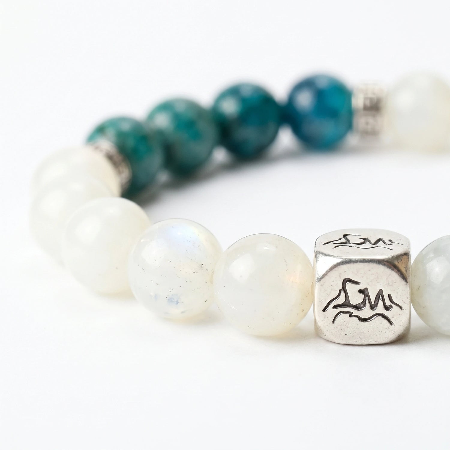 Sylva Wood bracelet macro detail, Teal Kyanite and white Garnierite — Leymen Jewels