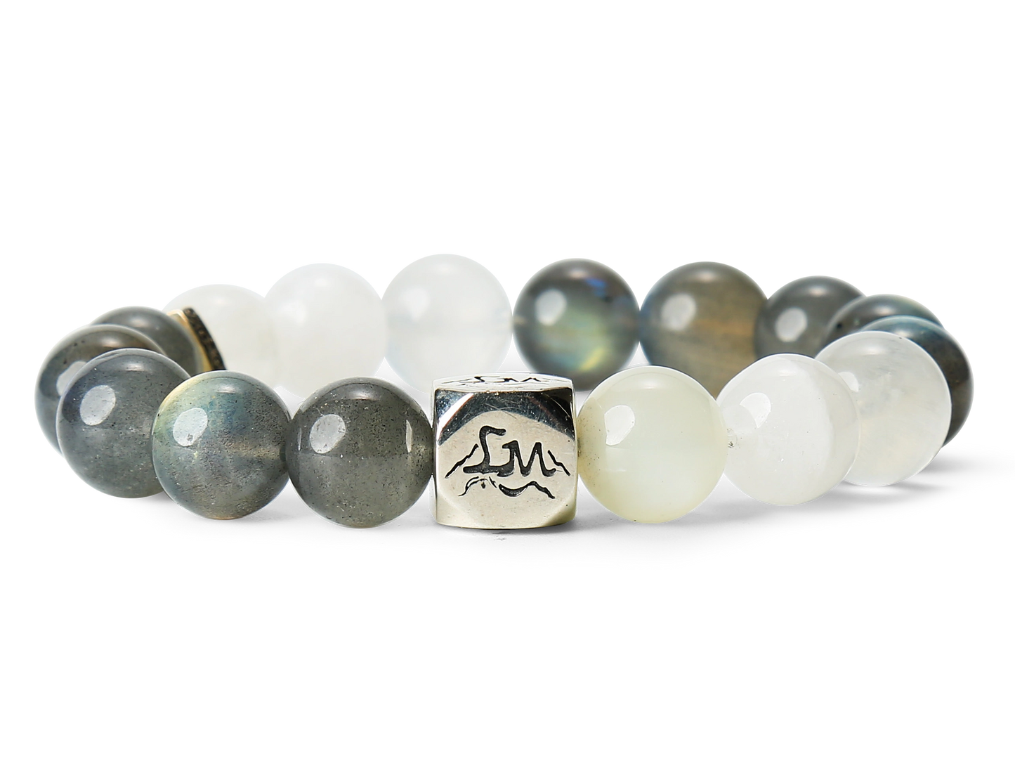 Threshold metal crystal bracelet — grey moonstone snow quartz and garnierite — front detail — Leymen Jewels
