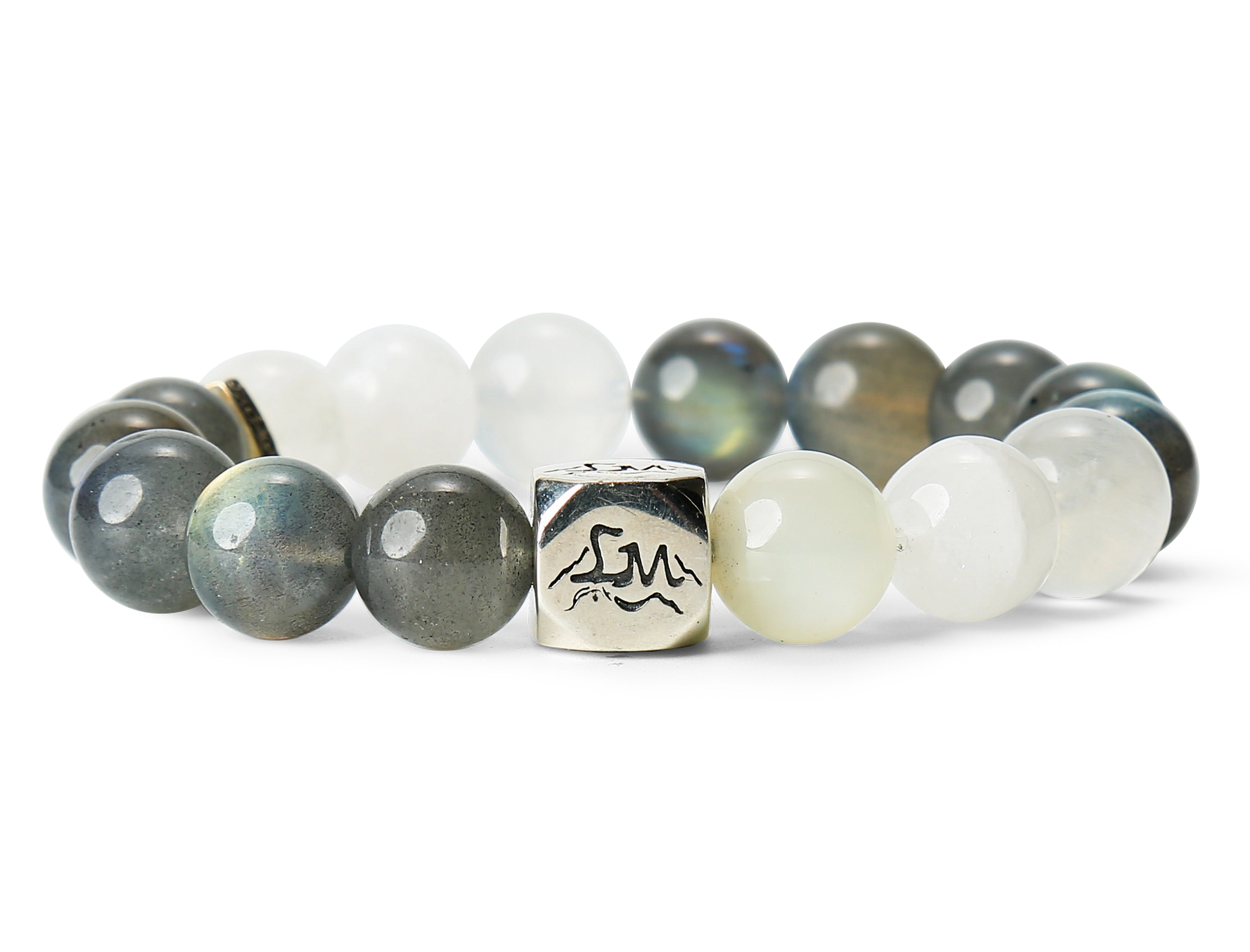 Threshold metal crystal bracelet — grey moonstone snow quartz and garnierite — front detail — Leymen Jewels
