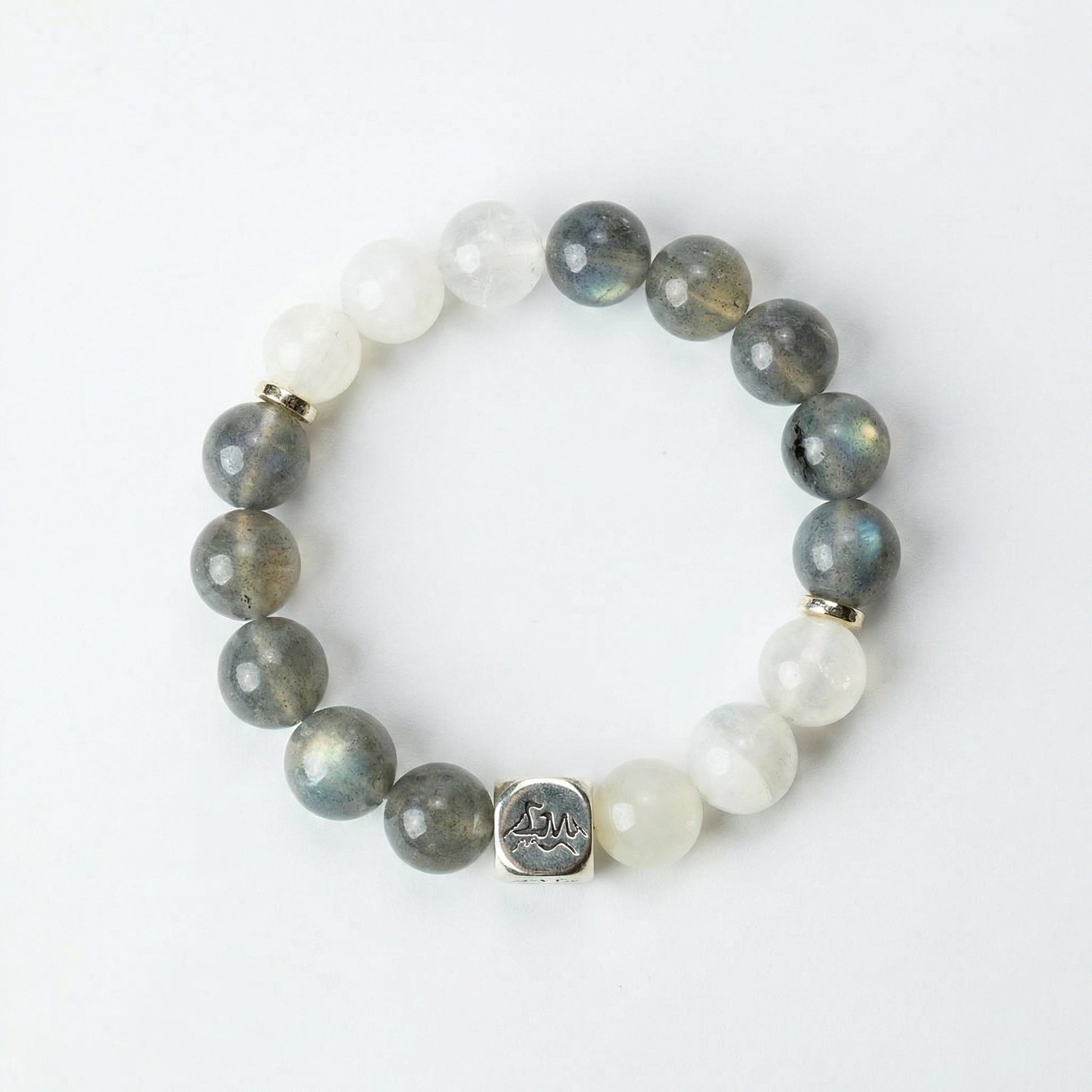 Threshold metal crystal bracelet — grey moonstone snow quartz and garnierite — enhances intuition and protects during transitions — Leymen Jewels