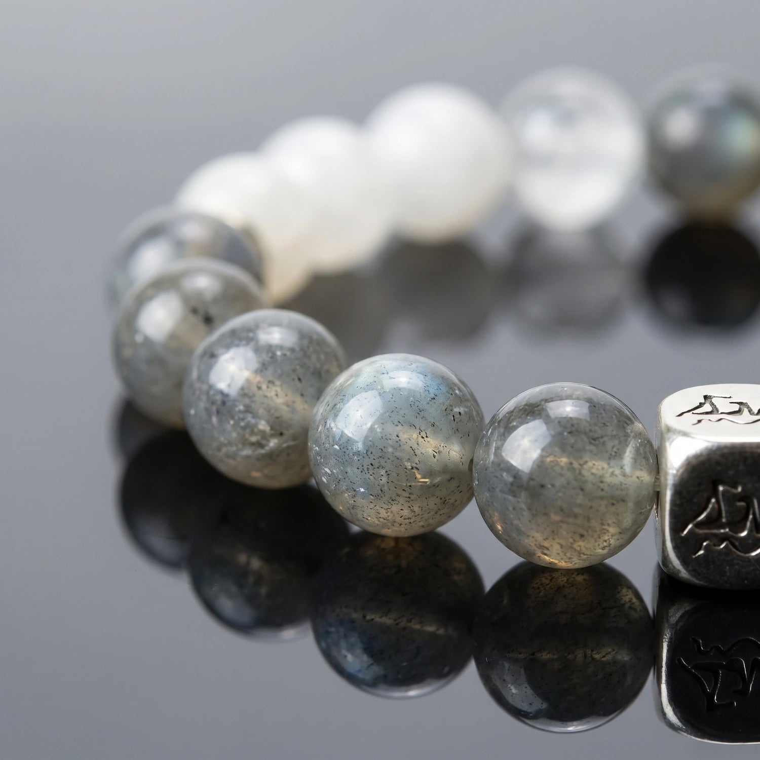 Threshold Metal bracelet macro detail, Grey Moonstone, Snow Quartz, and Garnierite — Leymen Jewels