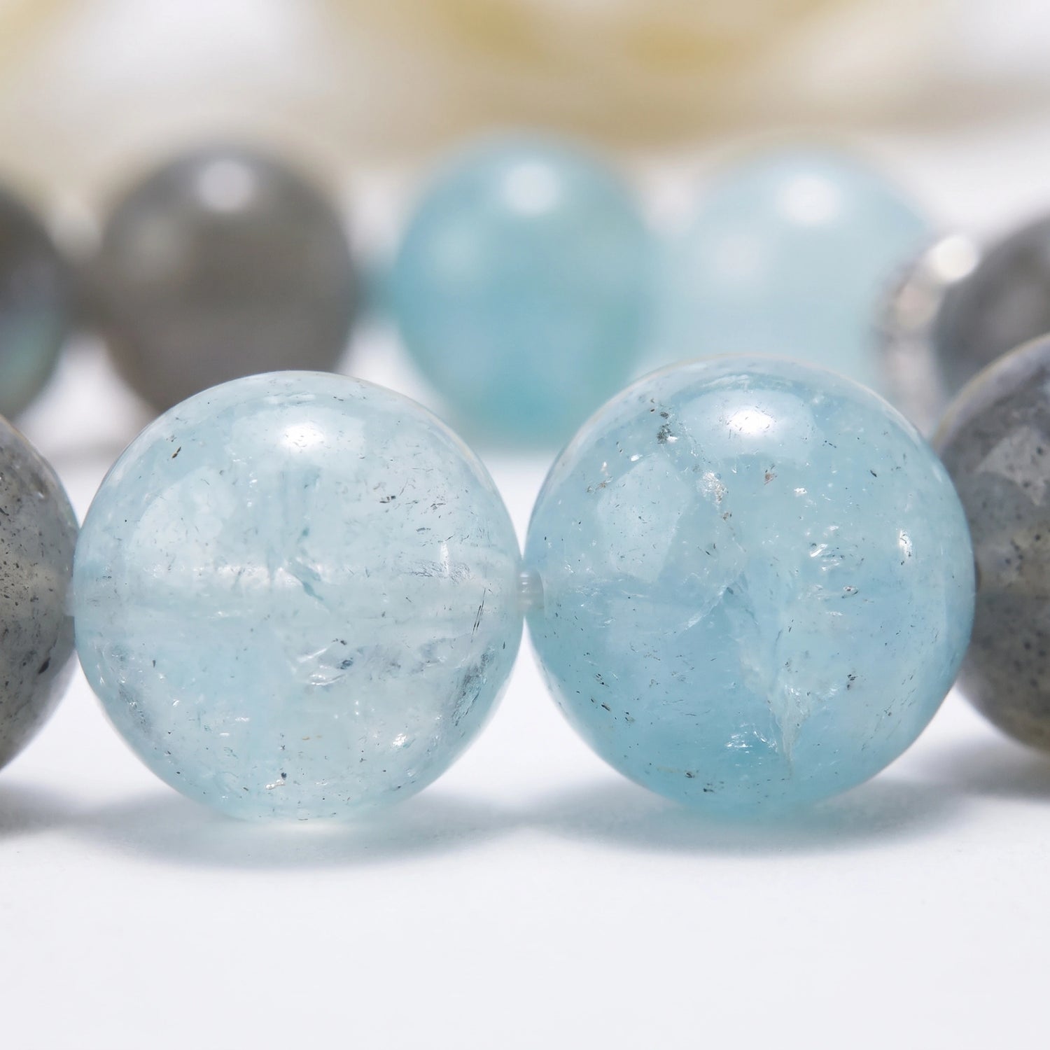 Tide Water bracelet macro detail, Light Aquamarine and Grey Moonstone — Leymen Jewels