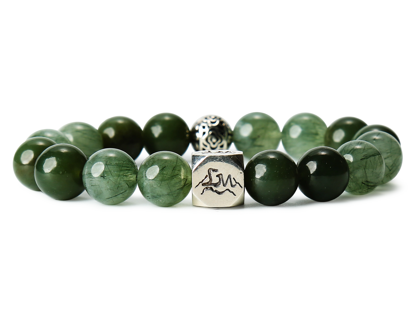 Verdant wood crystal bracelet — nephrite jade and green rutilated quartz — front detail — Leymen Jewels