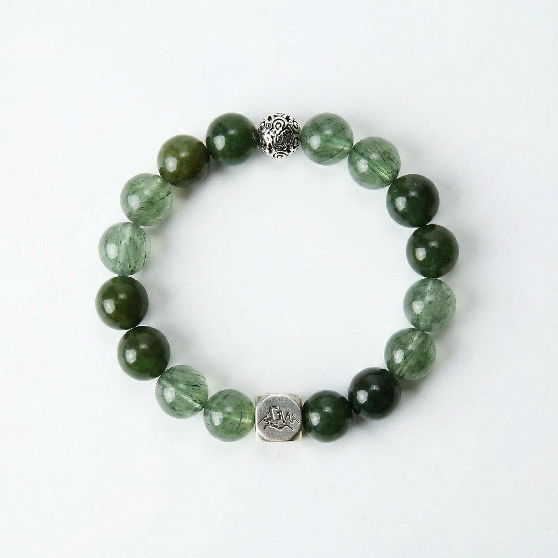 Verdant wood crystal bracelet — nephrite jade and green rutilated quartz — shields harm and activates growth energy — Leymen Jewels