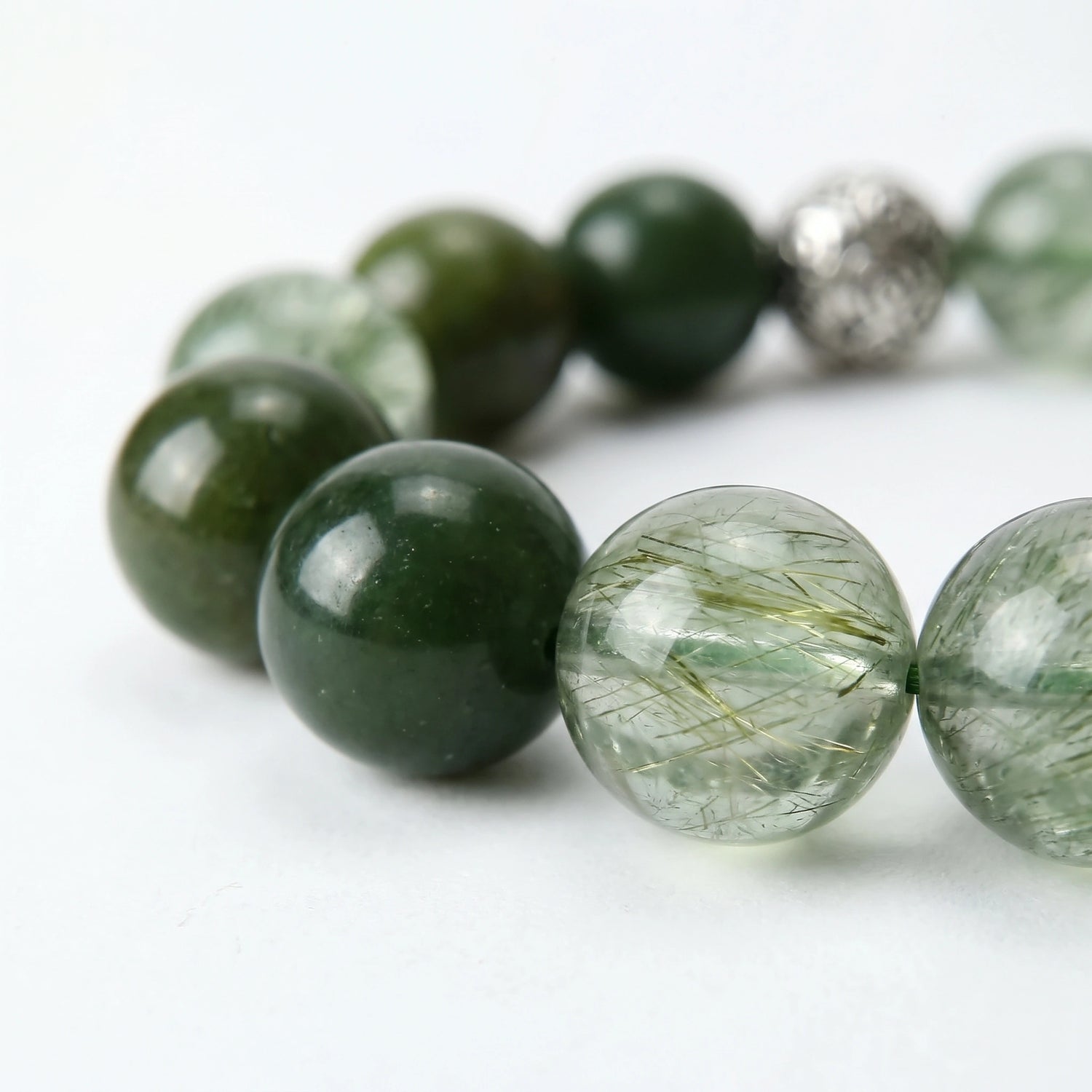 Verdant Wood bracelet macro detail, Nephrite Jade and Green Rutilated Quartz — Leymen Jewels
