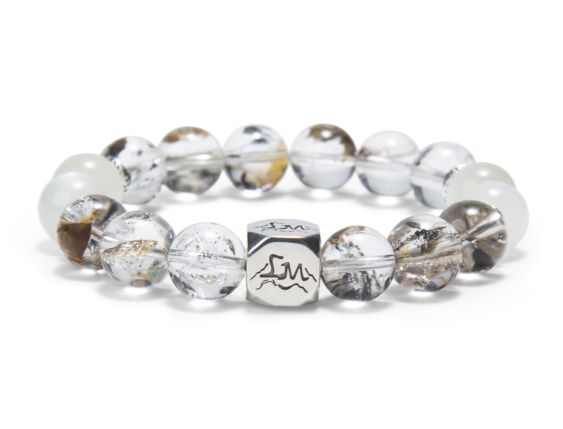 Verity metal crystal bracelet — herkimer diamond garnierite and snow quartz — front detail — Leymen Jewels