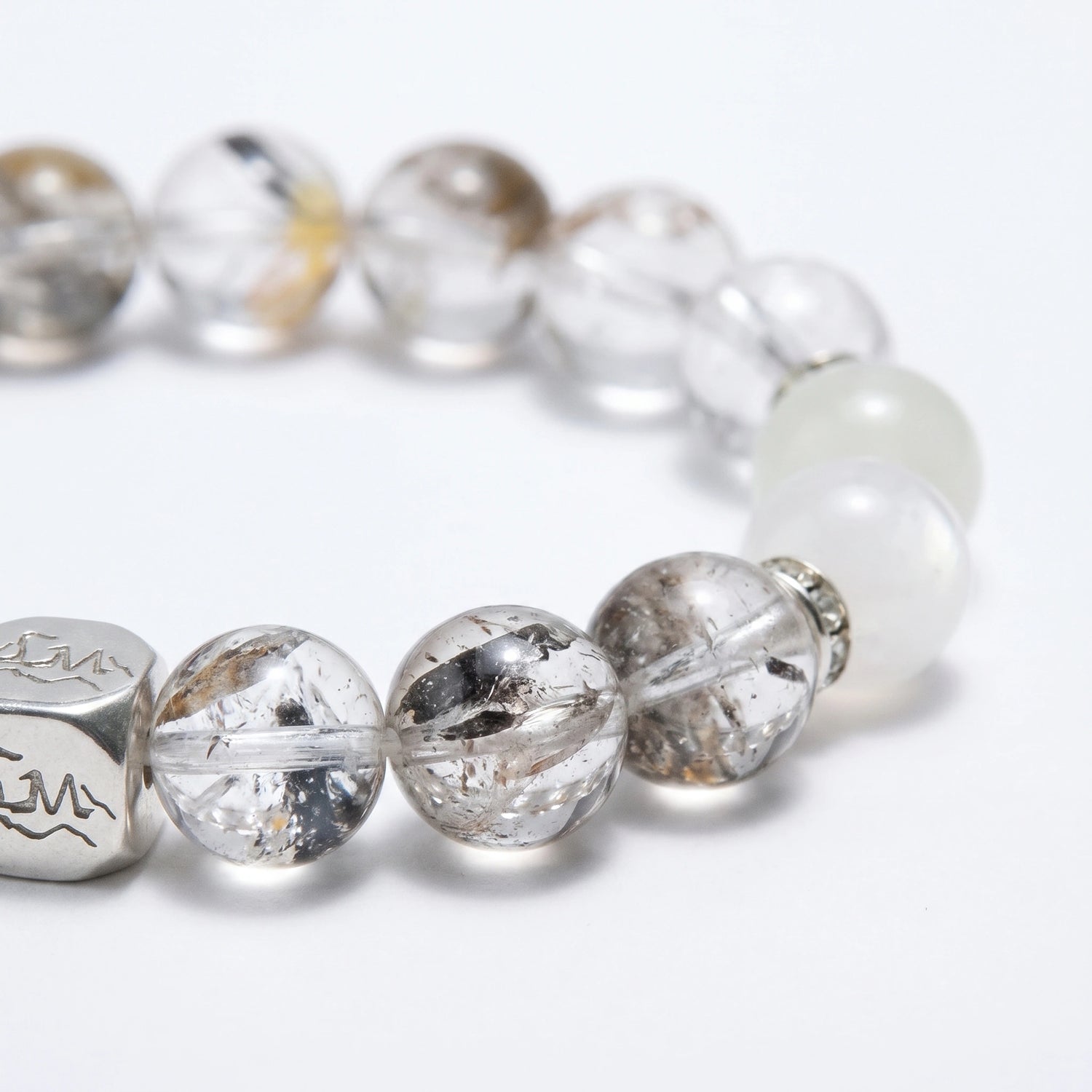 Verity Metal bracelet macro detail, Herkimer Diamond, Garnierite, and Snow Quartz — Leymen Jewels