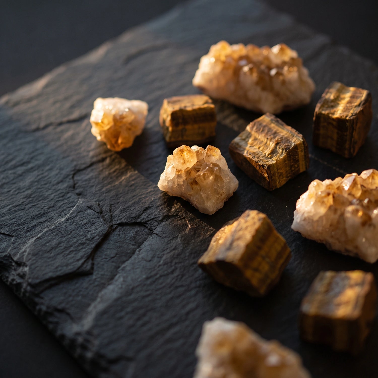 Raw Citrine and Tiger's Eye representing Earth element — Leymen Jewels