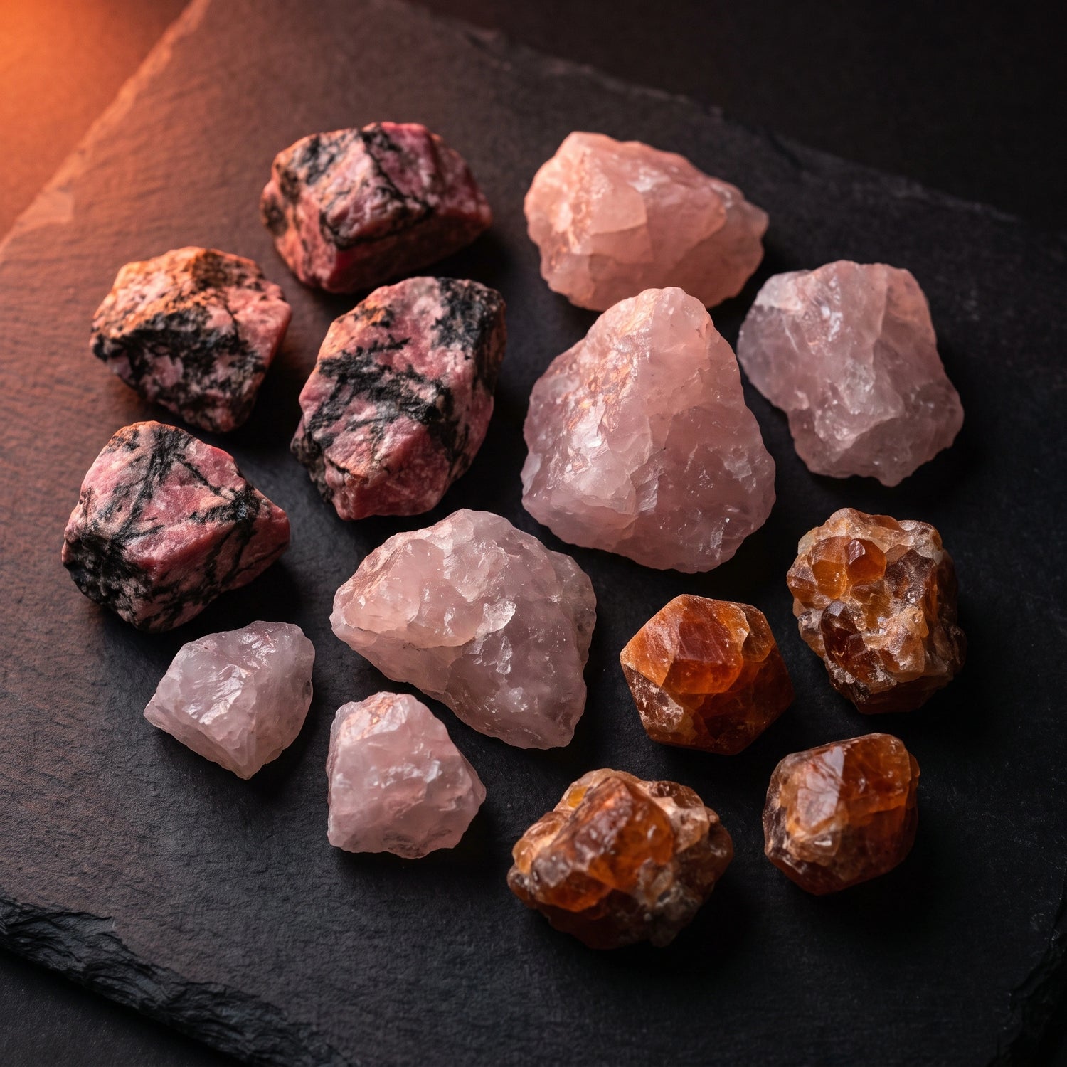 Raw Rhodonite, Rose Quartz, and Orange Garnet representing Fire element — Leymen Jewels
