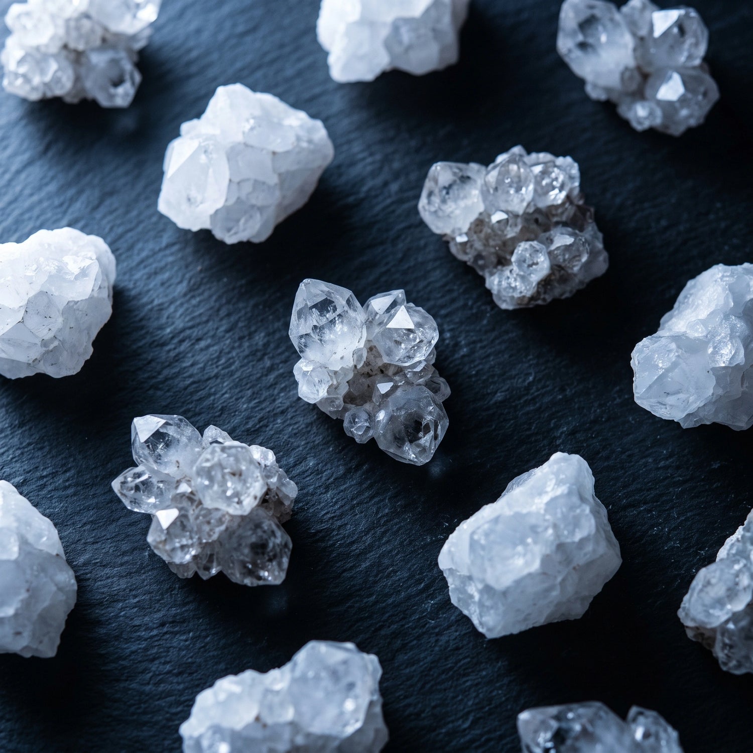 Raw Herkimer Diamond and Snow Quartz representing Metal element — Leymen Jewels