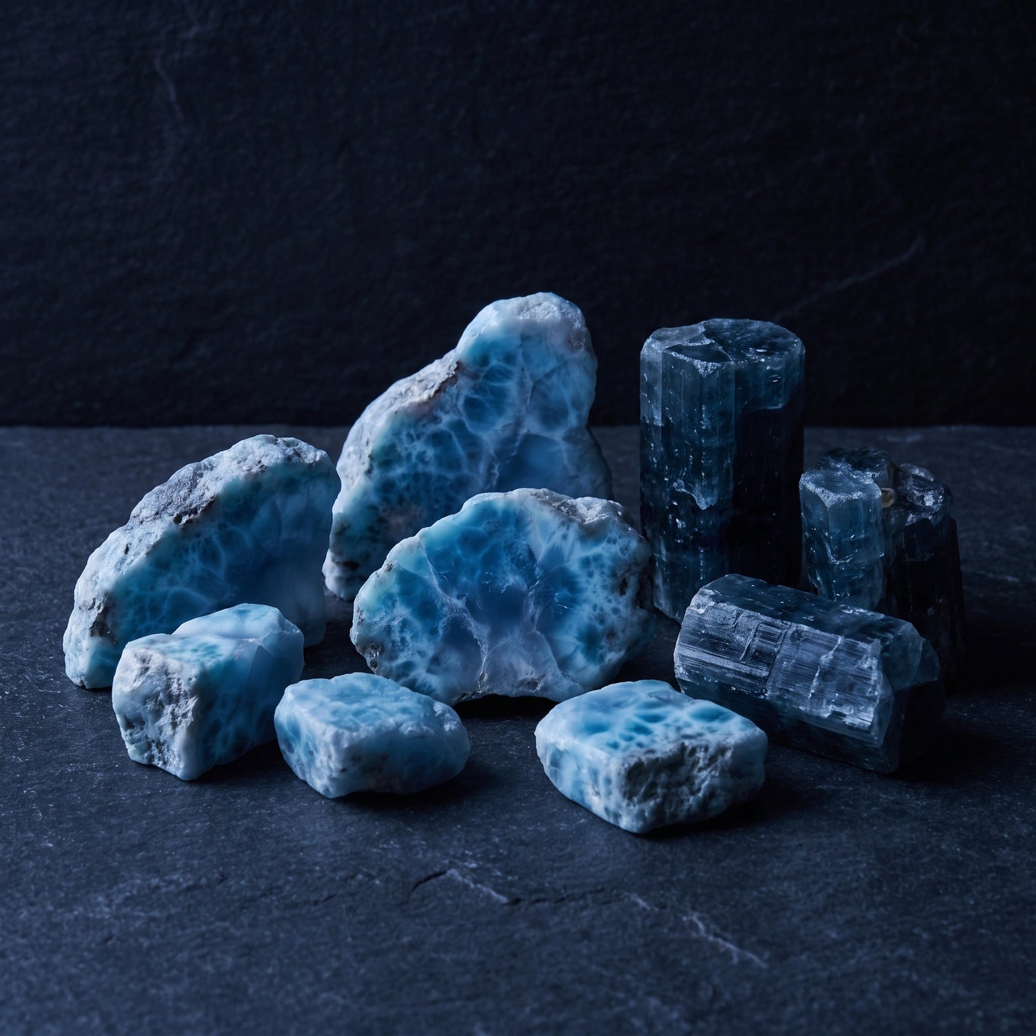 Raw Larimar and dark Aquamarine representing Water element — Leymen Jewels