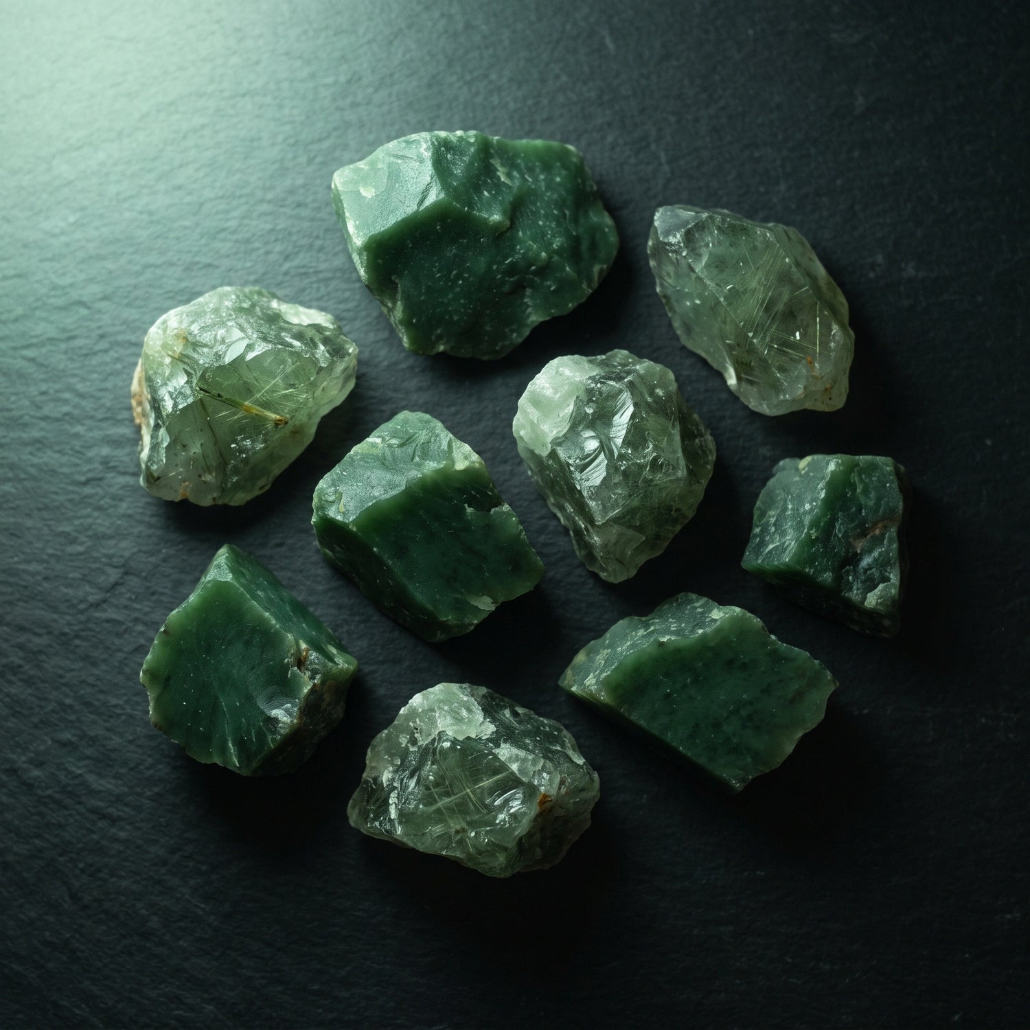 Raw Nephrite Jade and Green Rutilated Quartz representing Wood element — Leymen Jewels